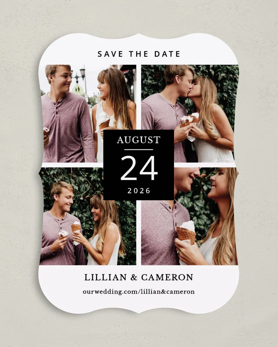 This is a 5" x 7" Save the Date Card called Framed Four printed in full color on Premium Smooth paper