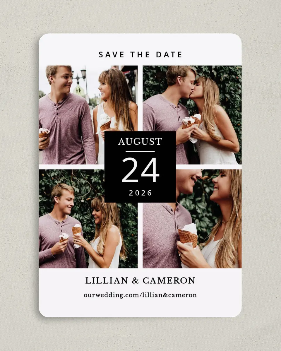 This is a 5" x 7" Save the Date Card called Framed Four printed in full color on Premium Smooth paper