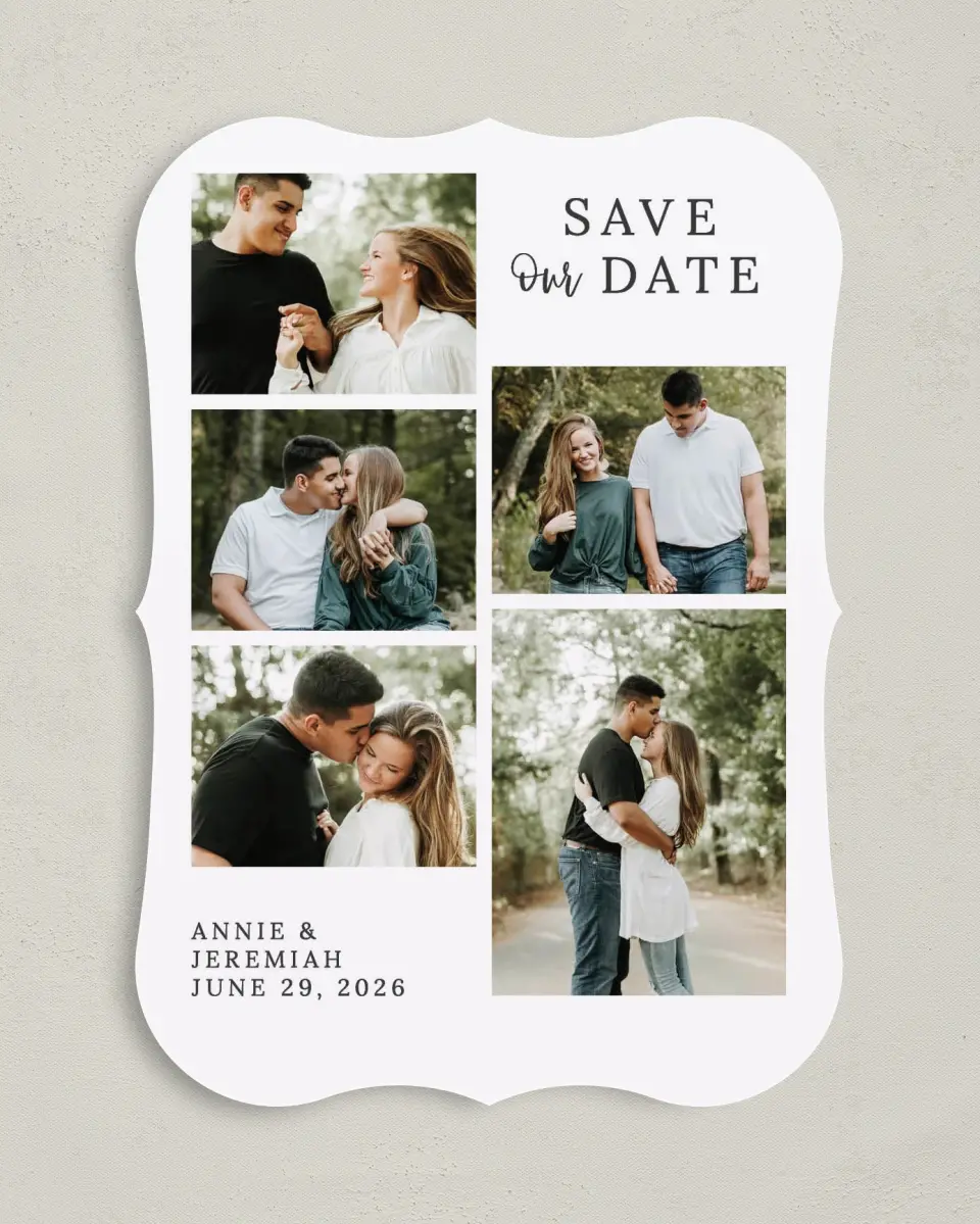 This is a 5" x 7" Save the Date Card called Sweetly Composed printed in full color on Premium Smooth paper