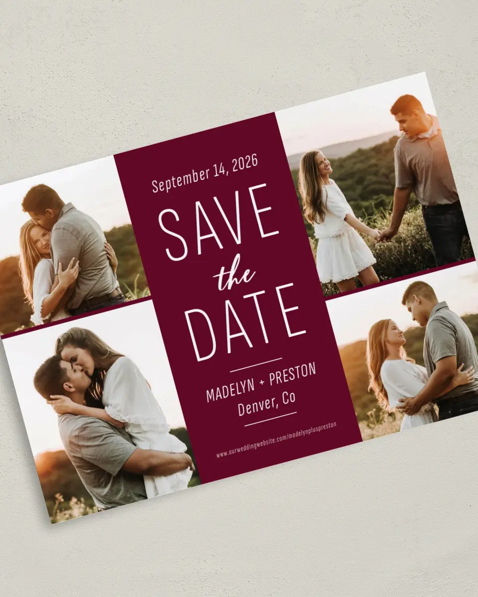 This is a 5" x 7" Save the Date Card called Romantic Glow printed in full color on Premium Smooth paper