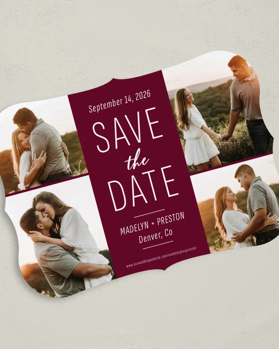 This is a 5" x 7" Save the Date Card called Romantic Glow printed in full color on Premium Smooth paper