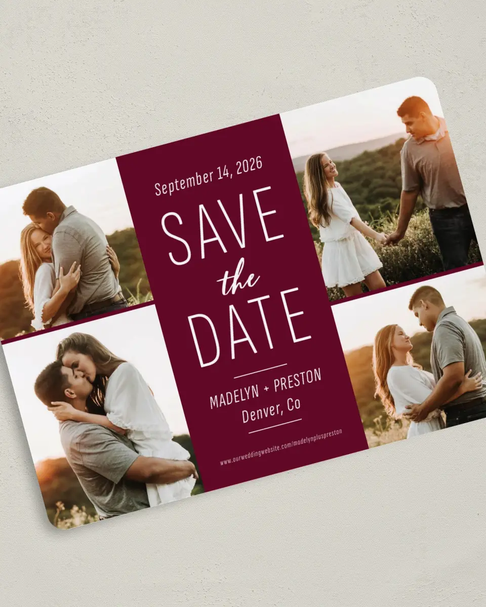 This is a 5" x 7" Save the Date Card called Romantic Glow printed in full color on Premium Smooth paper