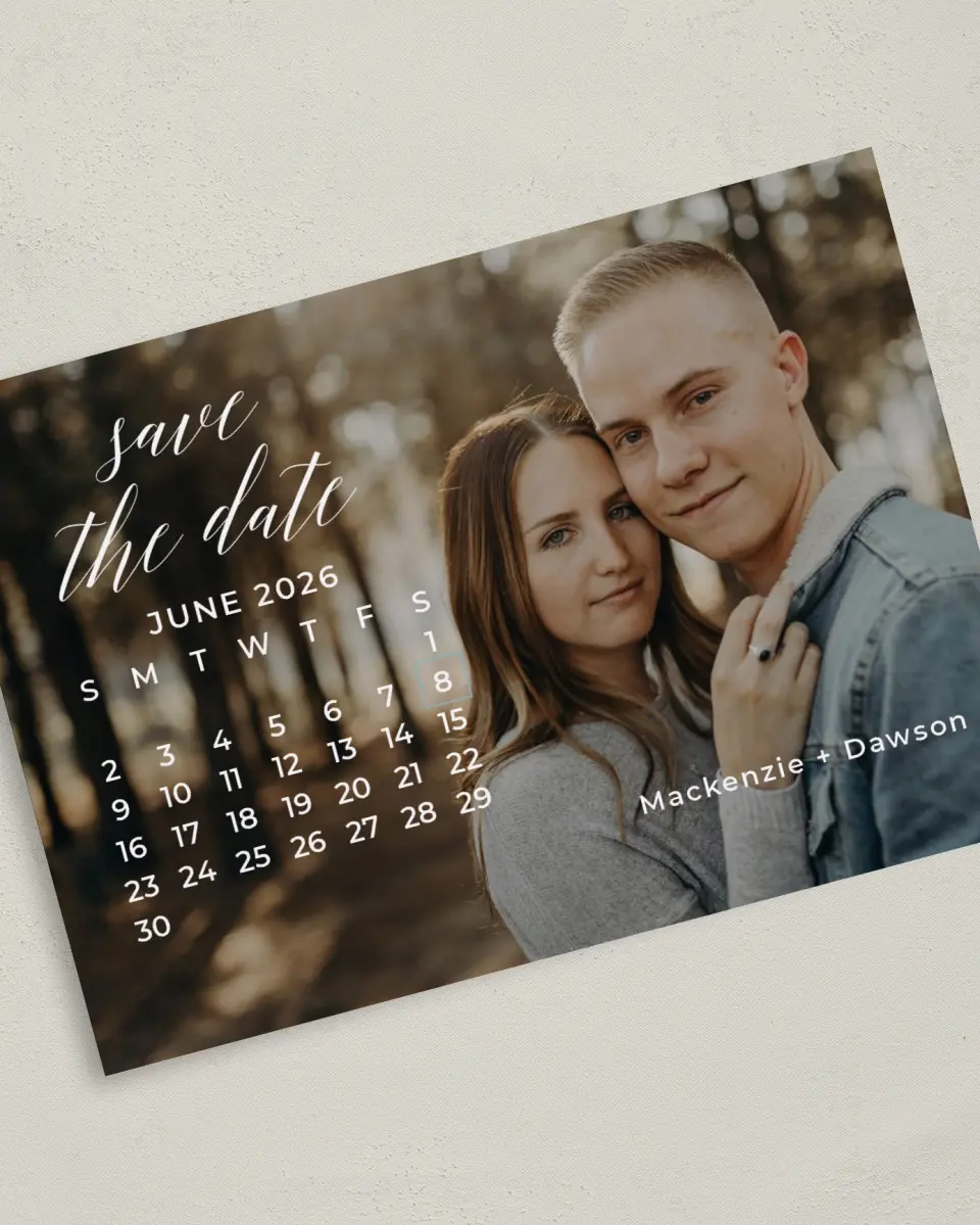 This is a 5" x 7" Save the Date Card called The Big Date printed in full color on Premium Smooth paper