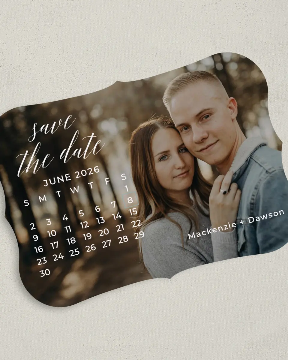 This is a 5" x 7" Save the Date Card called The Big Date printed in full color on Premium Smooth paper