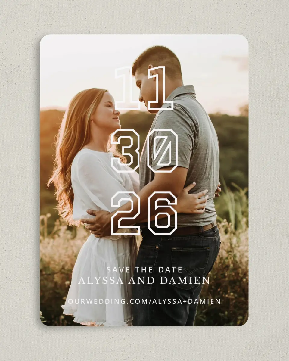 This is a 5" x 7" Save the Date Card called Simply Stacked printed in full color on Premium Smooth paper