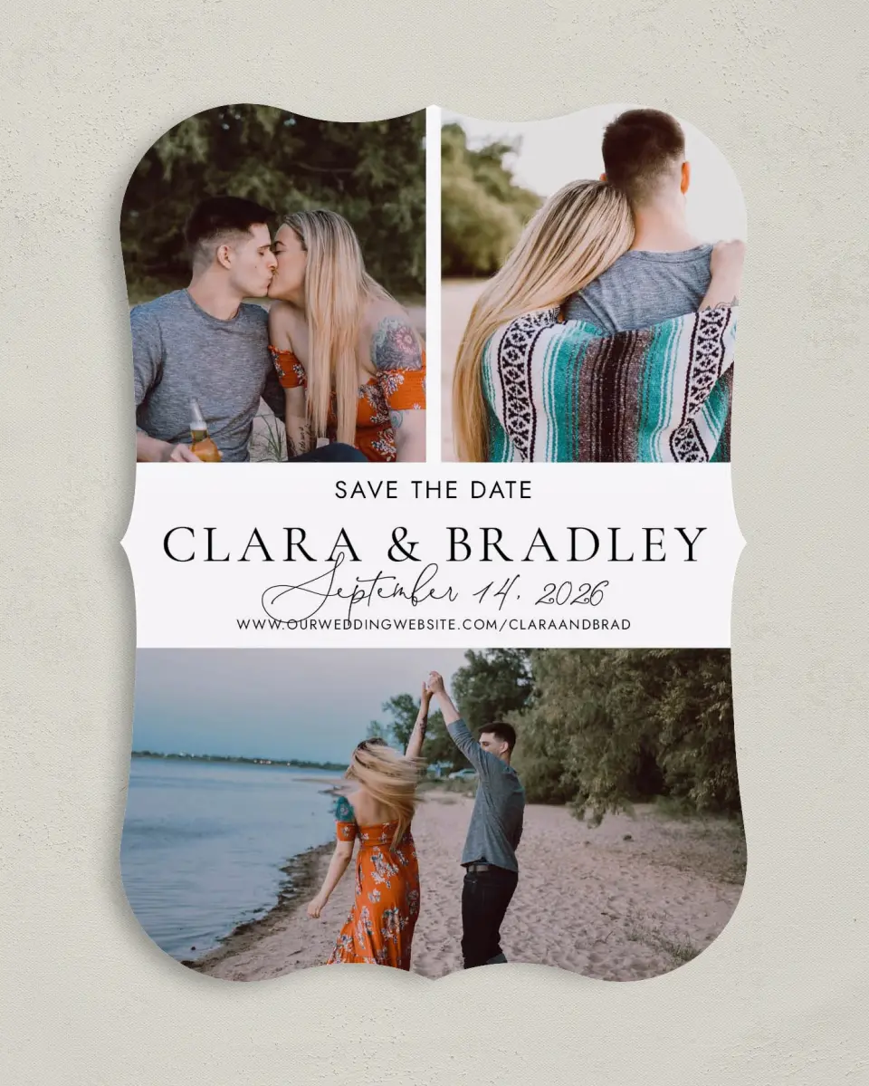 This is a 5" x 7" Save the Date Card called Chic Intrigue printed in full color on Premium Smooth paper