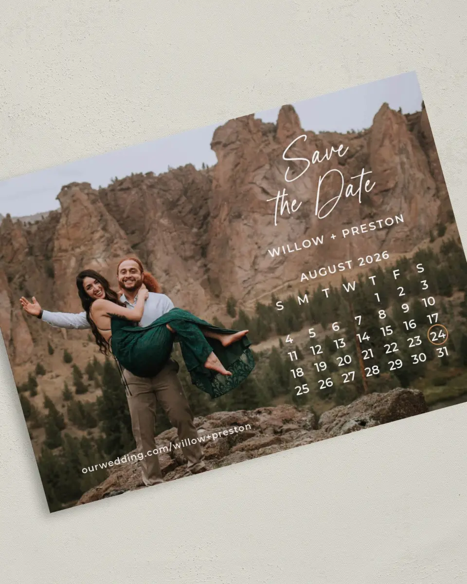 This is a 5" x 7" Save the Date Card called Delightful Date printed in full color on Premium Smooth paper