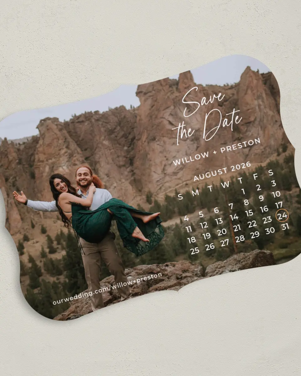 This is a 5" x 7" Save the Date Card called Delightful Date printed in full color on Premium Smooth paper