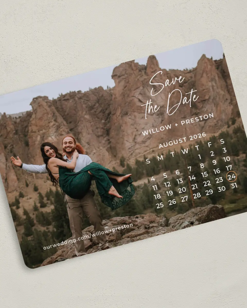 This is a 5" x 7" Save the Date Card called Delightful Date printed in full color on Premium Smooth paper