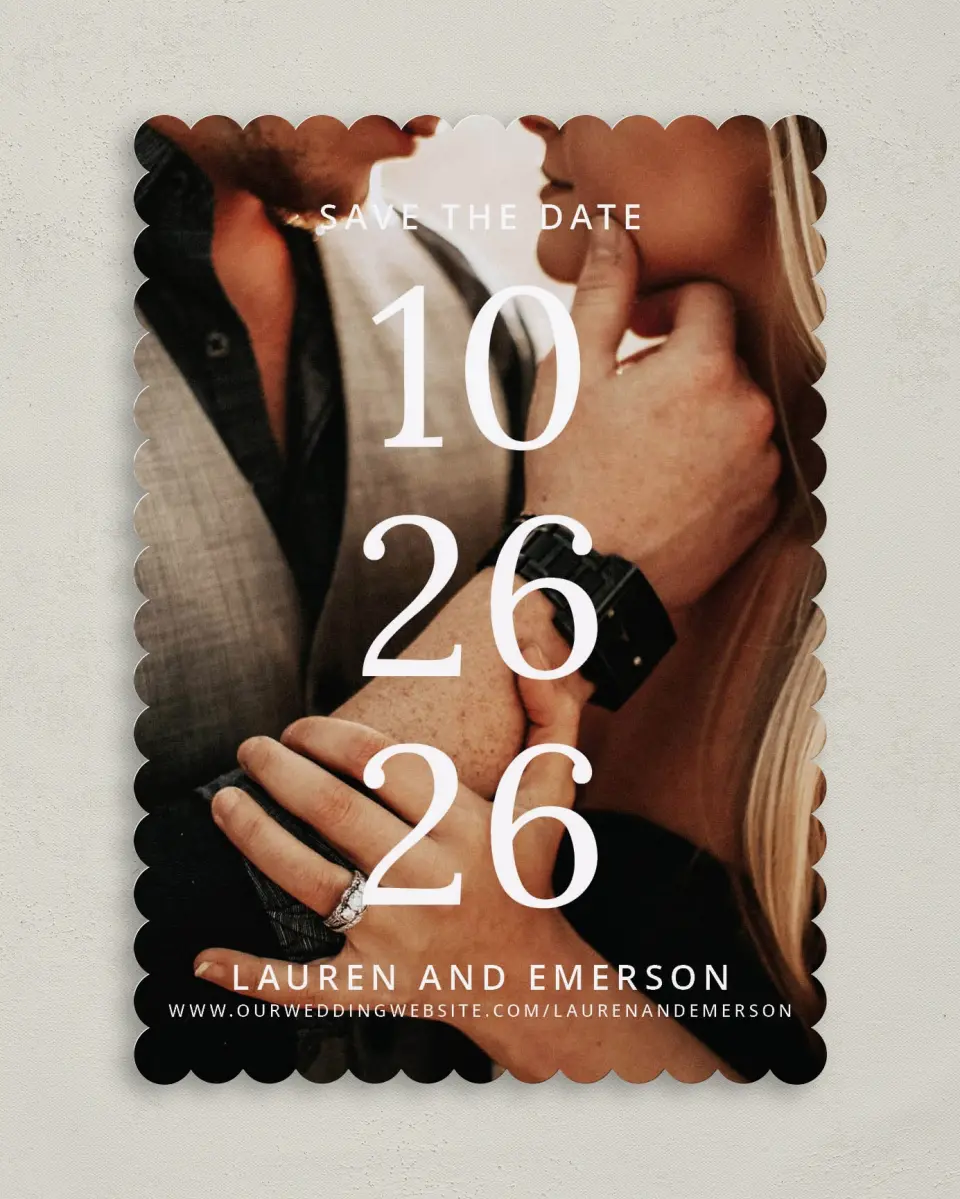 This is a 5" x 7" Save the Date Card called Stacked Sophisticate printed in full color on Premium Smooth paper