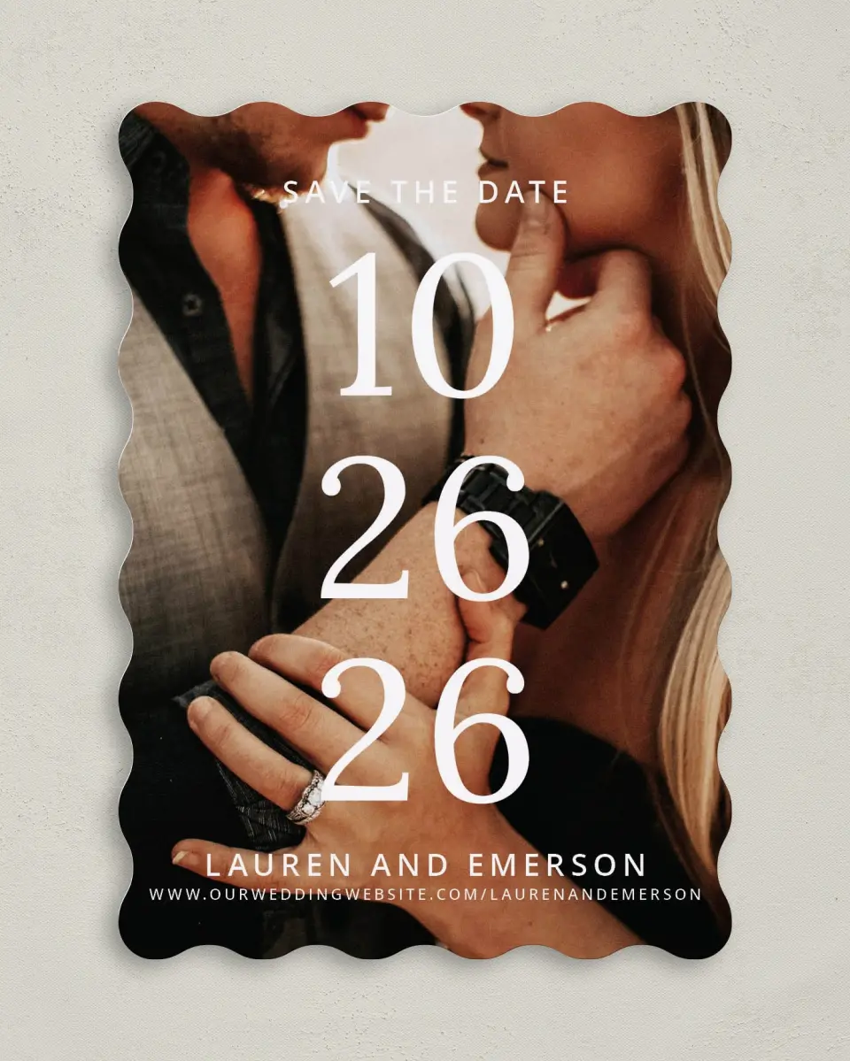 This is a 5" x 7" Save the Date Card called Stacked Sophisticate printed in full color on Premium Smooth paper