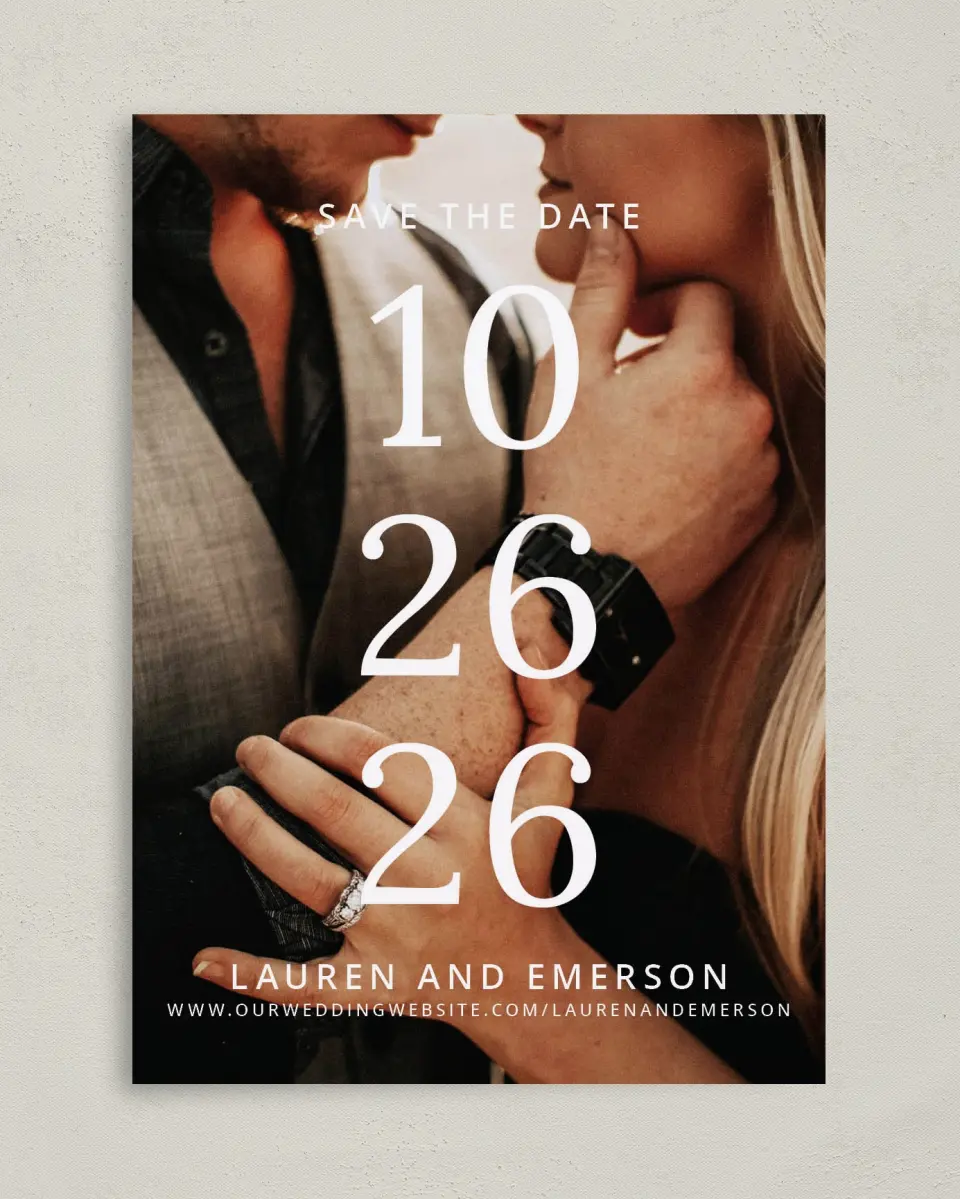 This is a 5" x 7" Save the Date Card called Stacked Sophisticate printed in full color on Premium Smooth paper