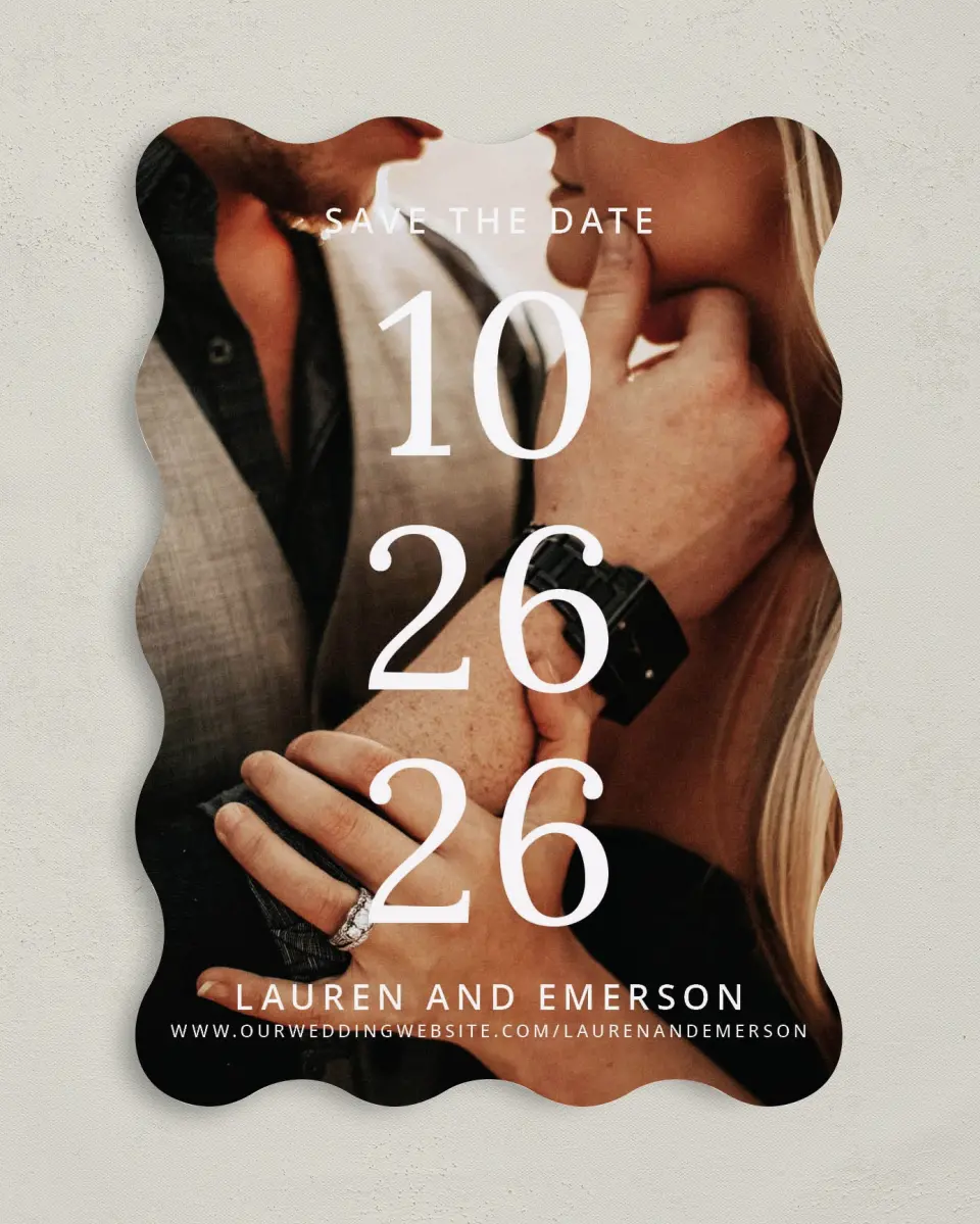 This is a 5" x 7" Save the Date Card called Stacked Sophisticate printed in full color on Premium Smooth paper