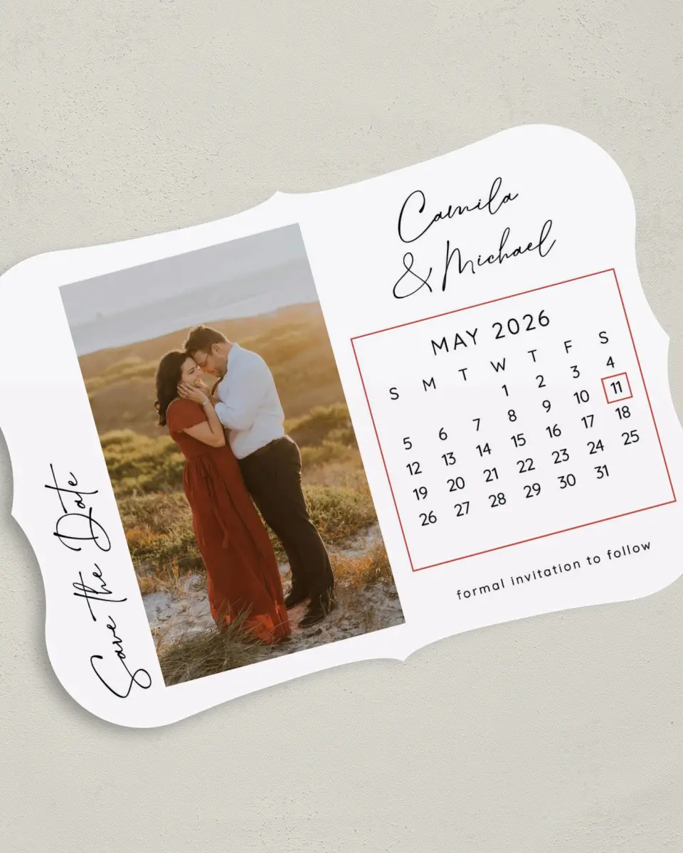 This is a 5" x 7" Save the Date Card called Date Check printed in full color on Premium Smooth paper