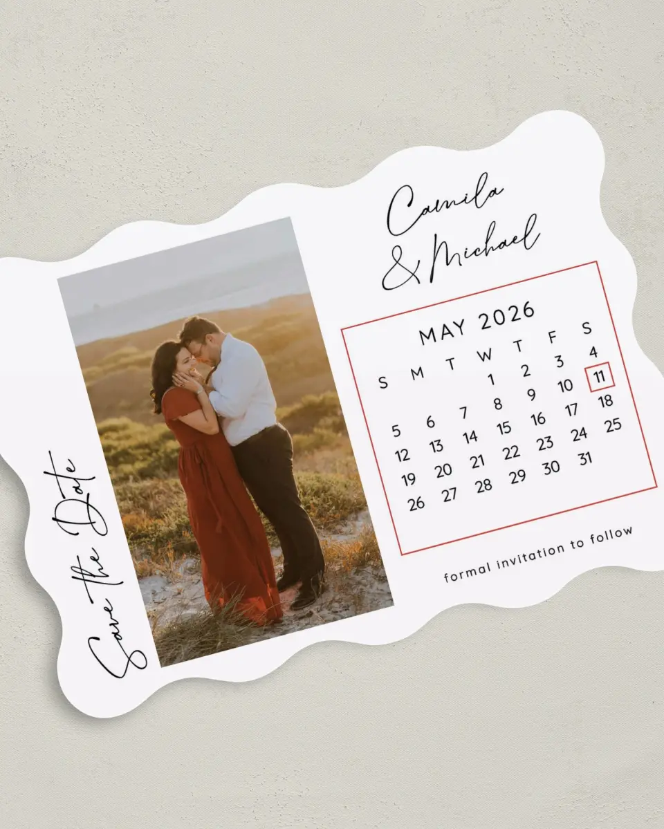 This is a 5" x 7" Save the Date Card called Date Check printed in full color on Premium Smooth paper