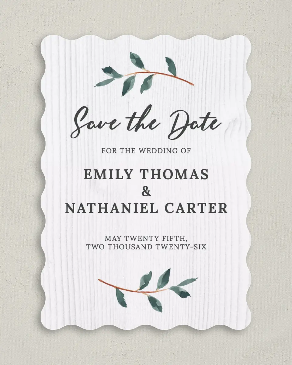 This is a 5" x 7" Save the Date Card called Brushed Allure printed in full color on Premium Smooth paper