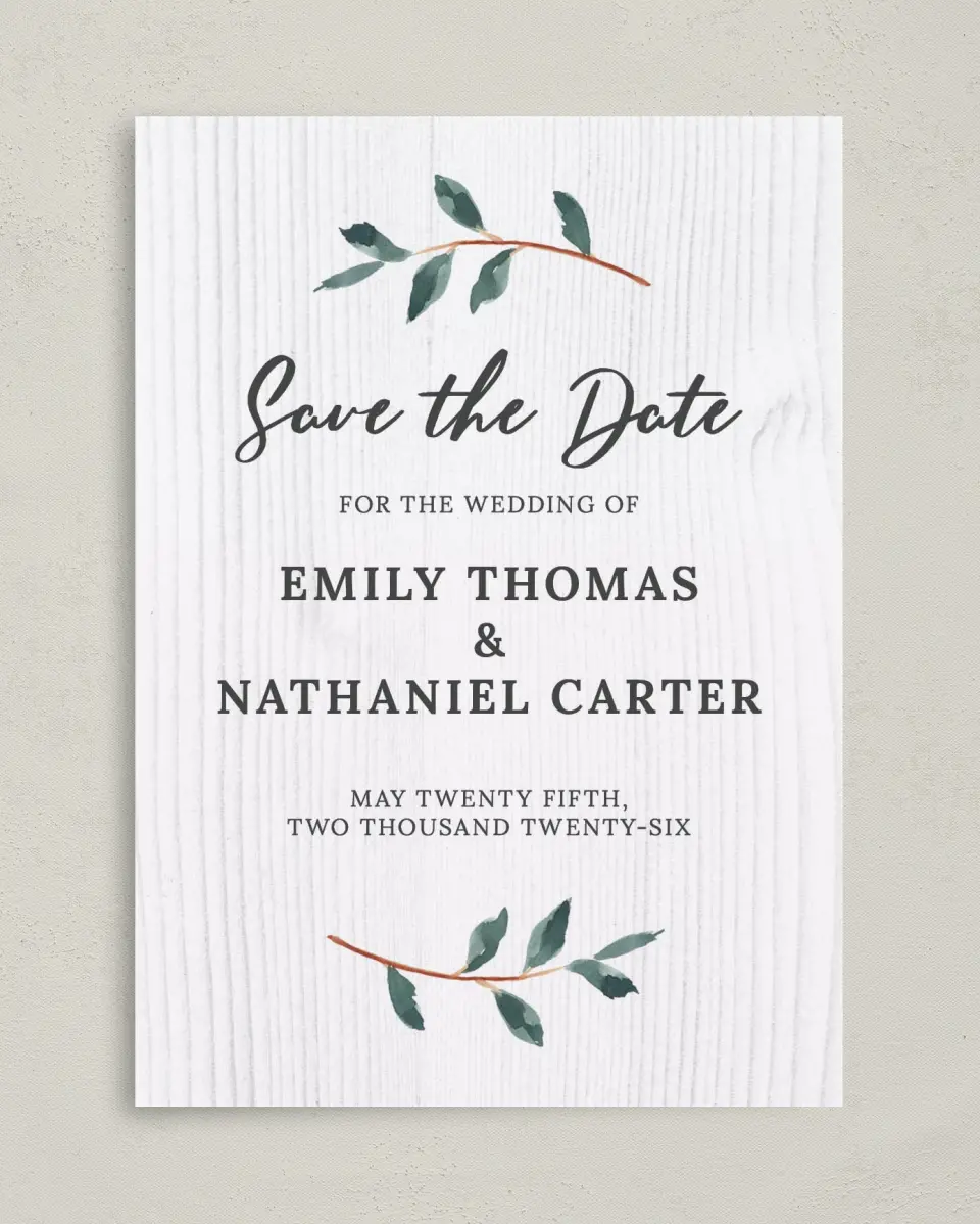 This is a 5" x 7" Save the Date Card called Brushed Allure printed in full color on Premium Smooth paper