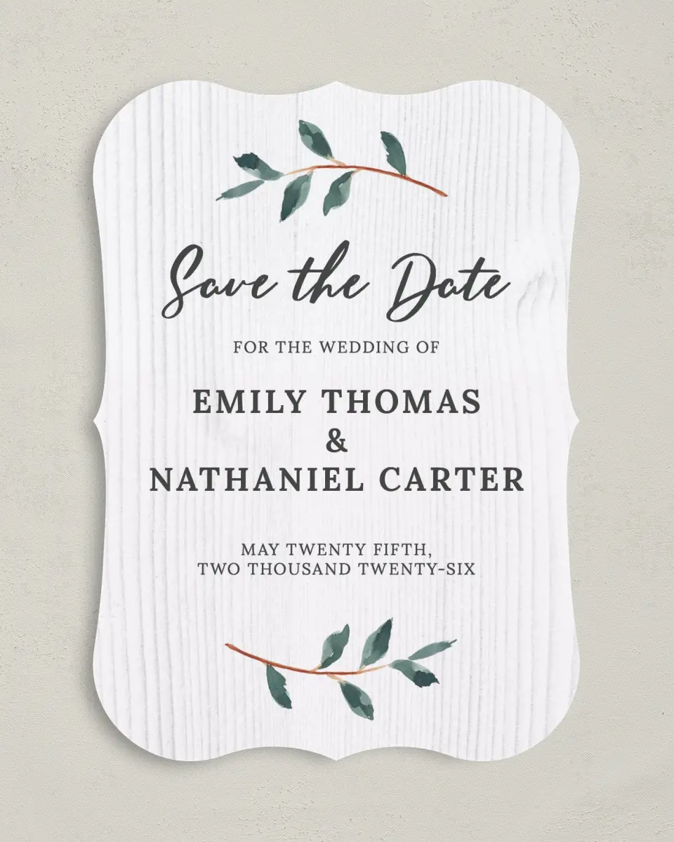 This is a 5" x 7" Save the Date Card called Brushed Allure printed in full color on Premium Smooth paper