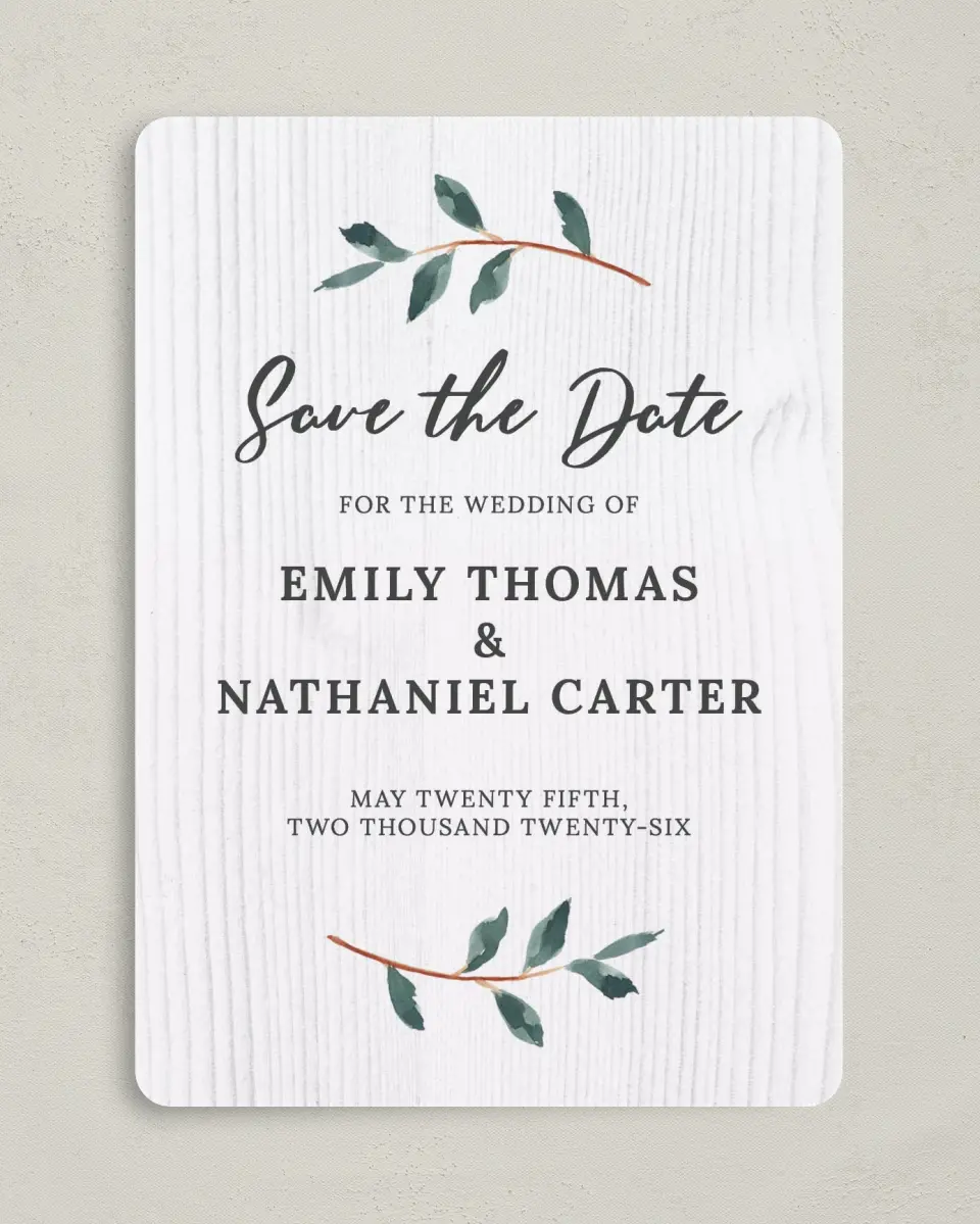 This is a 5" x 7" Save the Date Card called Brushed Allure printed in full color on Premium Smooth paper