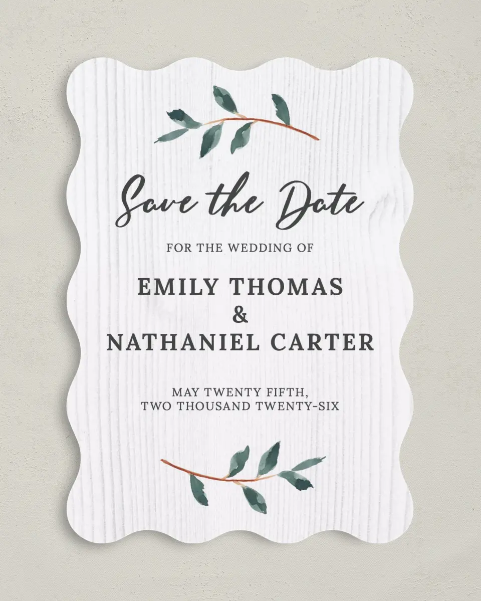 This is a 5" x 7" Save the Date Card called Brushed Allure printed in full color on Premium Smooth paper