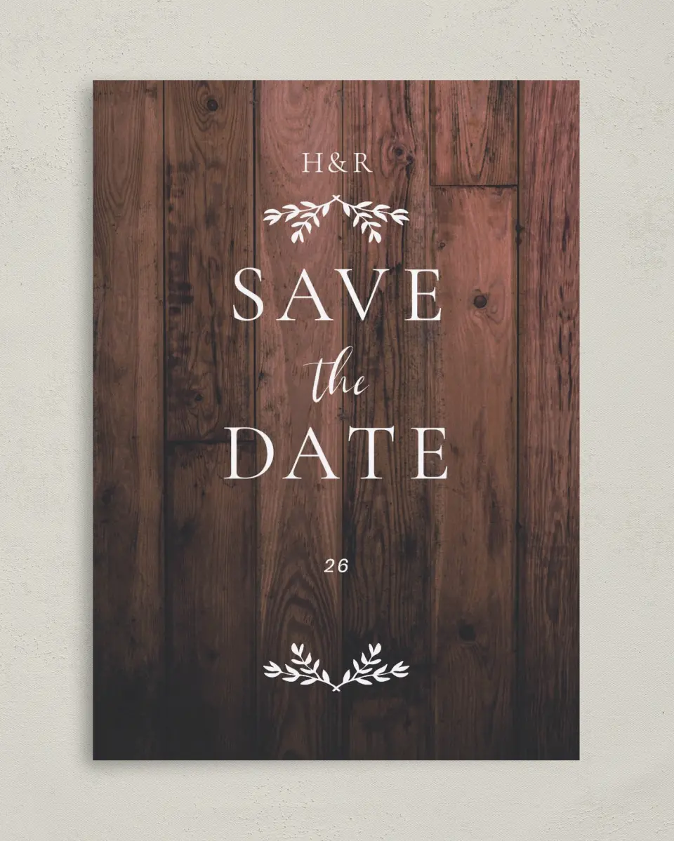 This is a 5" x 7" Save the Date Card called Rustic Sprigs printed in full color on Premium Smooth paper