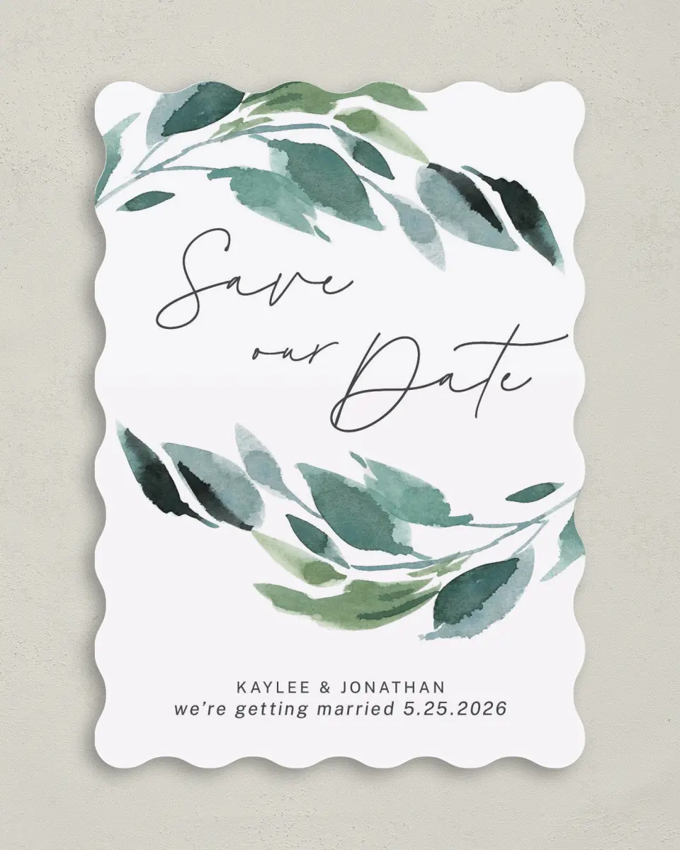 This is a 5" x 7" Save the Date Card called Gorgeous Greens printed in full color on Premium Smooth paper