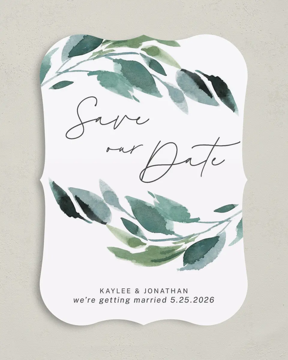This is a 5" x 7" Save the Date Card called Gorgeous Greens printed in full color on Premium Smooth paper