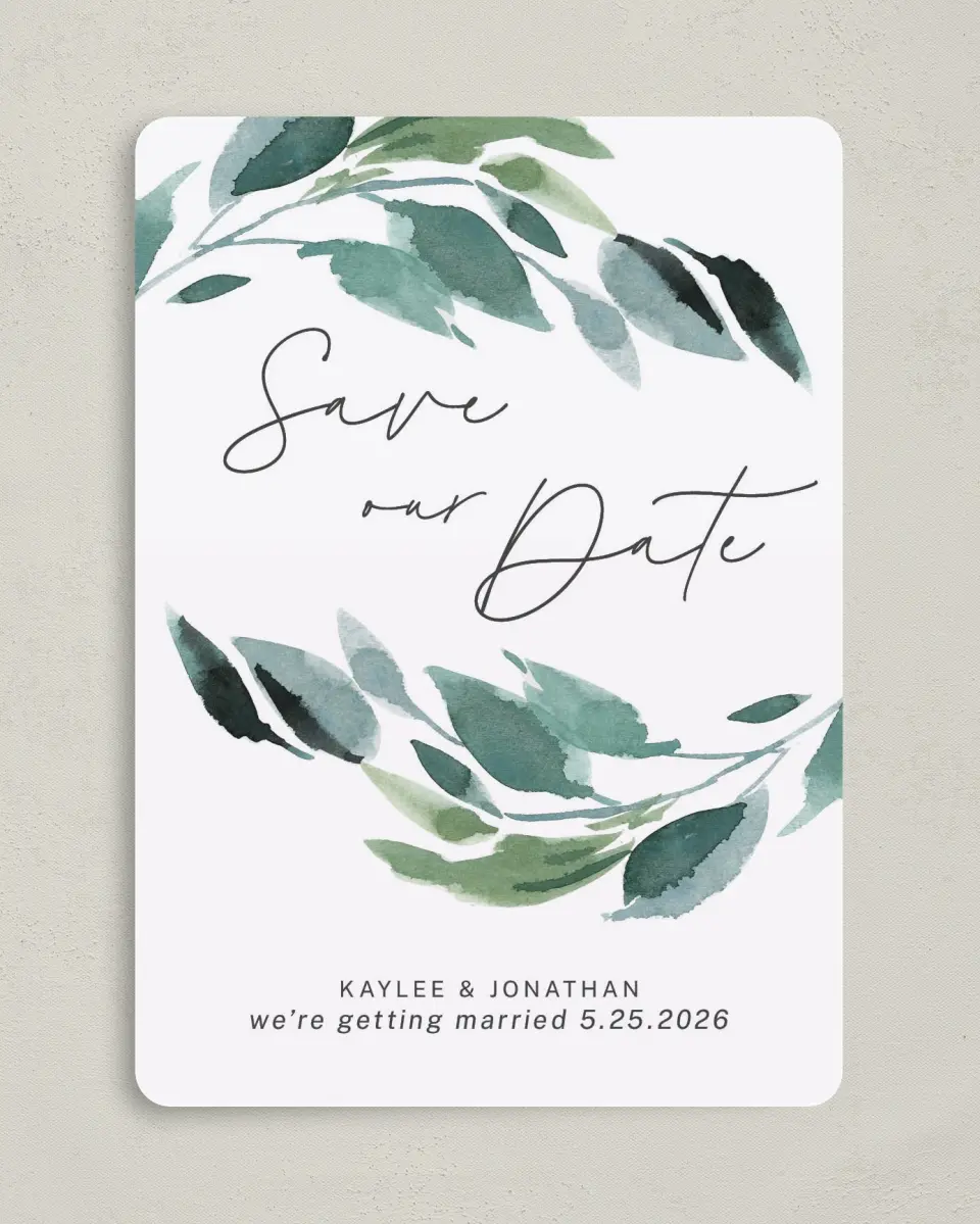 This is a 5" x 7" Save the Date Card called Gorgeous Greens printed in full color on Premium Smooth paper
