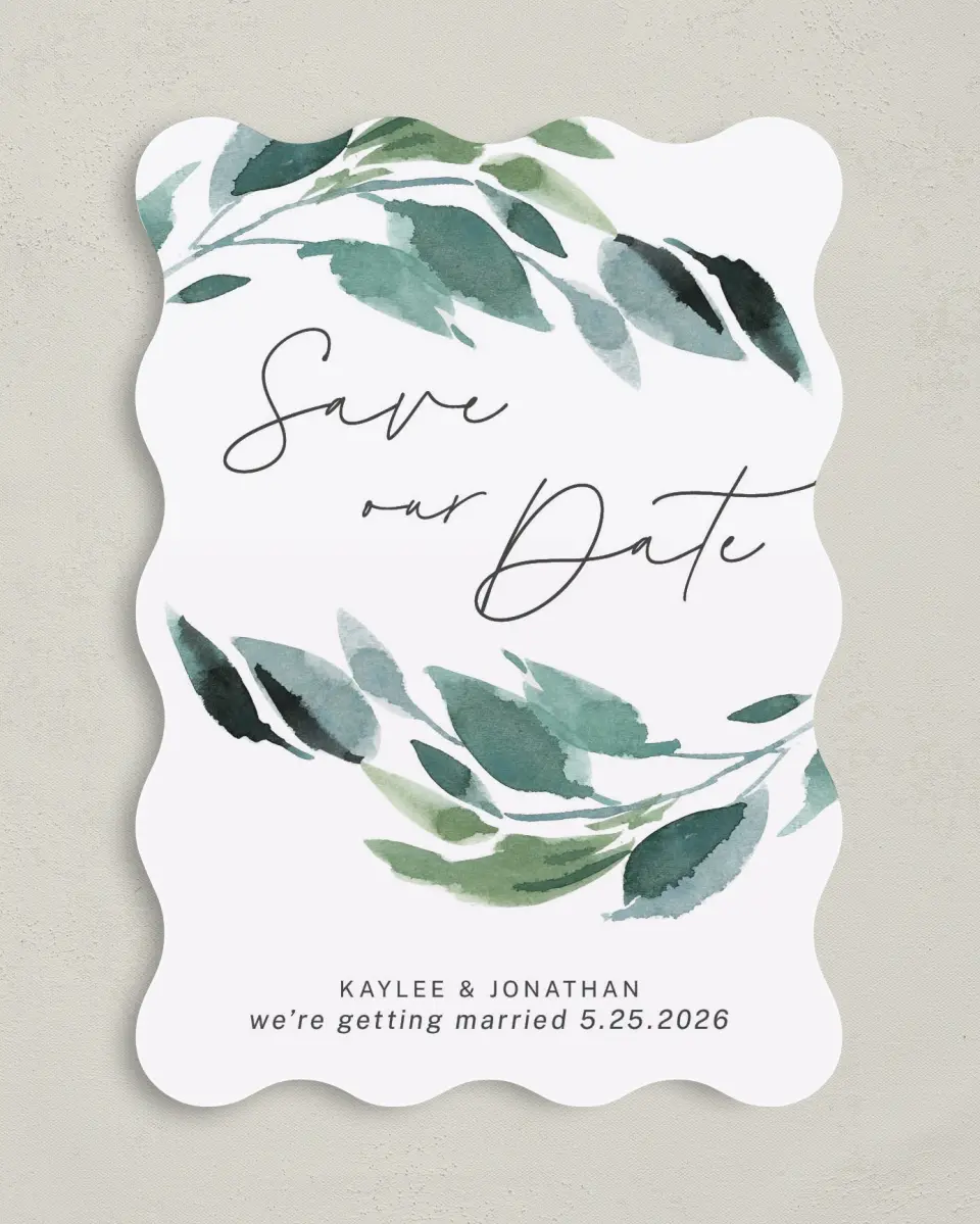 This is a 5" x 7" Save the Date Card called Gorgeous Greens printed in full color on Premium Smooth paper