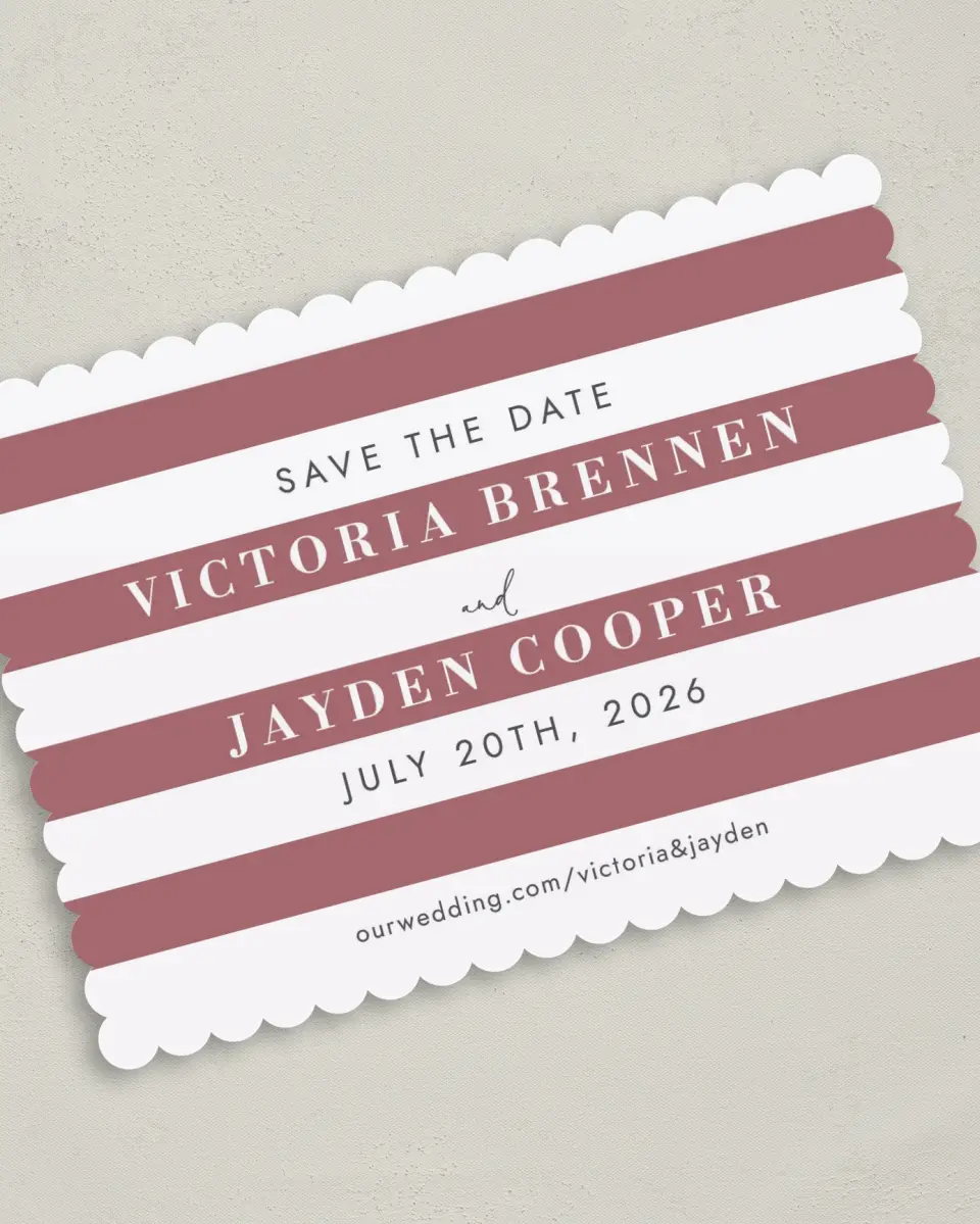 This is a 5" x 7" Save the Date Card called Striped Savvy printed in full color on Premium Smooth paper