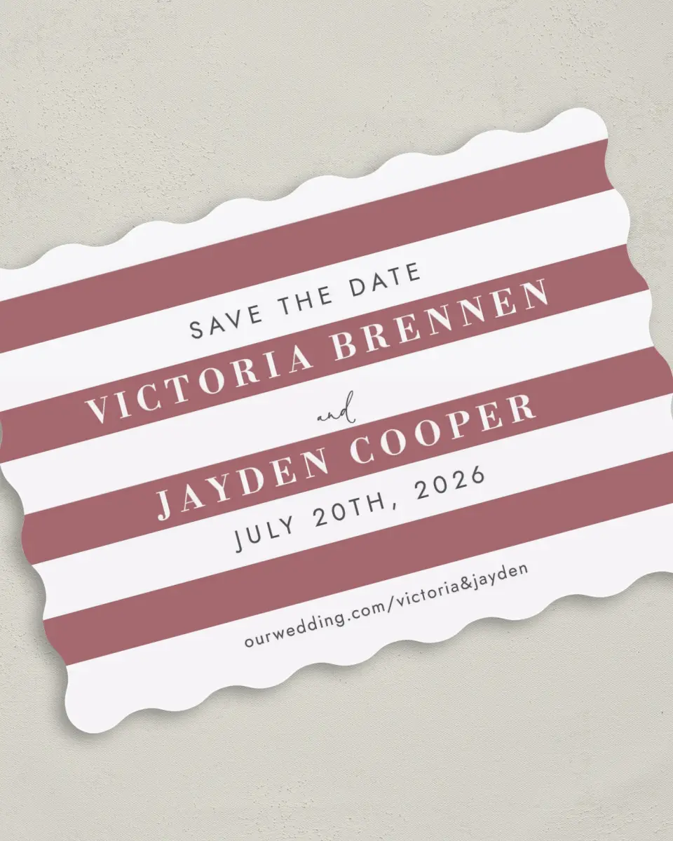 This is a 5" x 7" Save the Date Card called Striped Savvy printed in full color on Premium Smooth paper