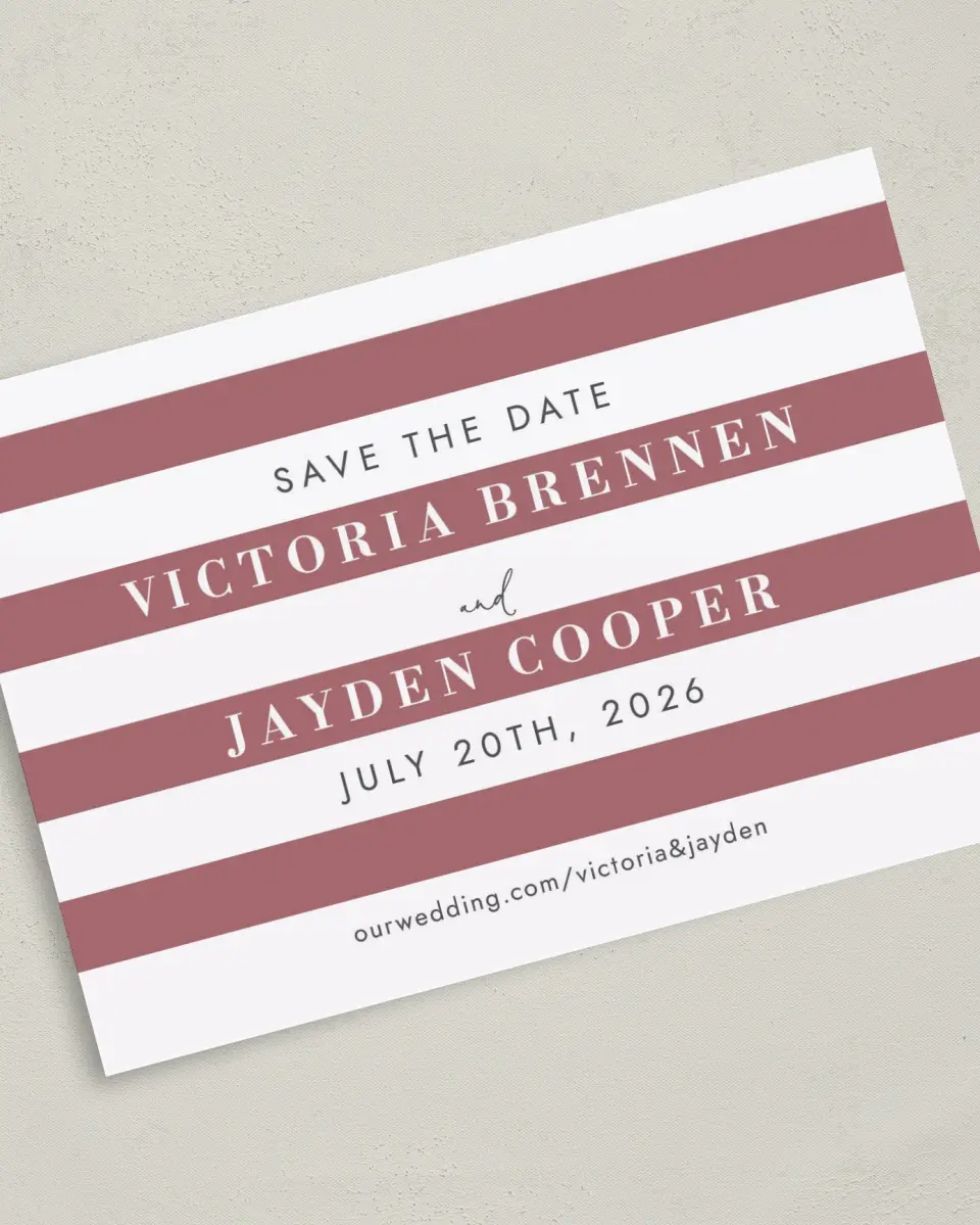 This is a 5" x 7" Save the Date Card called Striped Savvy printed in full color on Premium Smooth paper