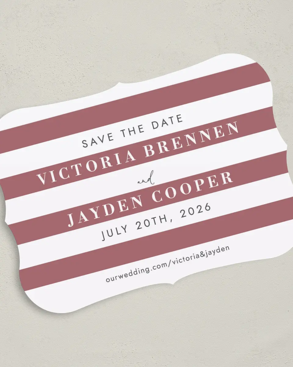 This is a 5" x 7" Save the Date Card called Striped Savvy printed in full color on Premium Smooth paper