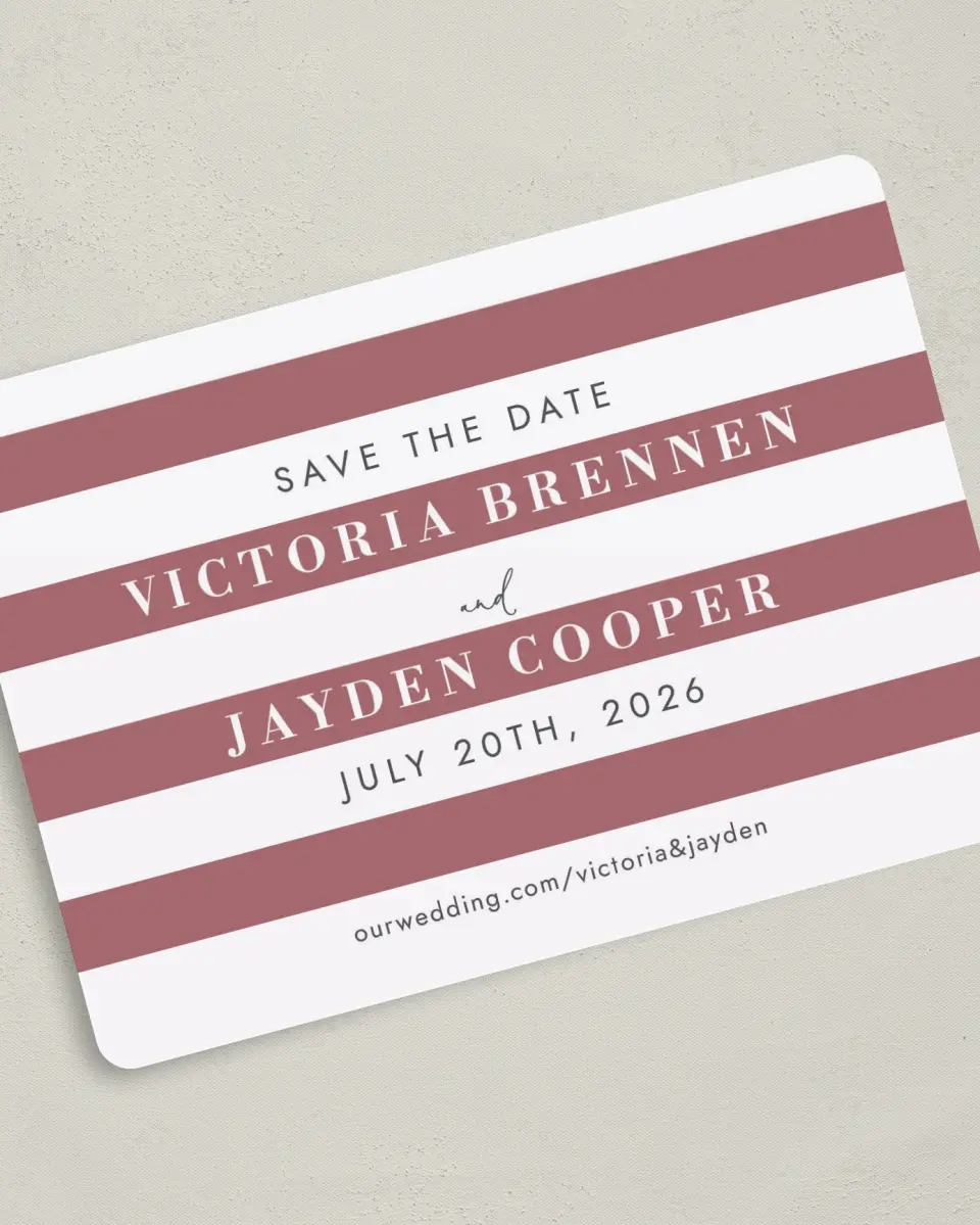 This is a 5" x 7" Save the Date Card called Striped Savvy printed in full color on Premium Smooth paper
