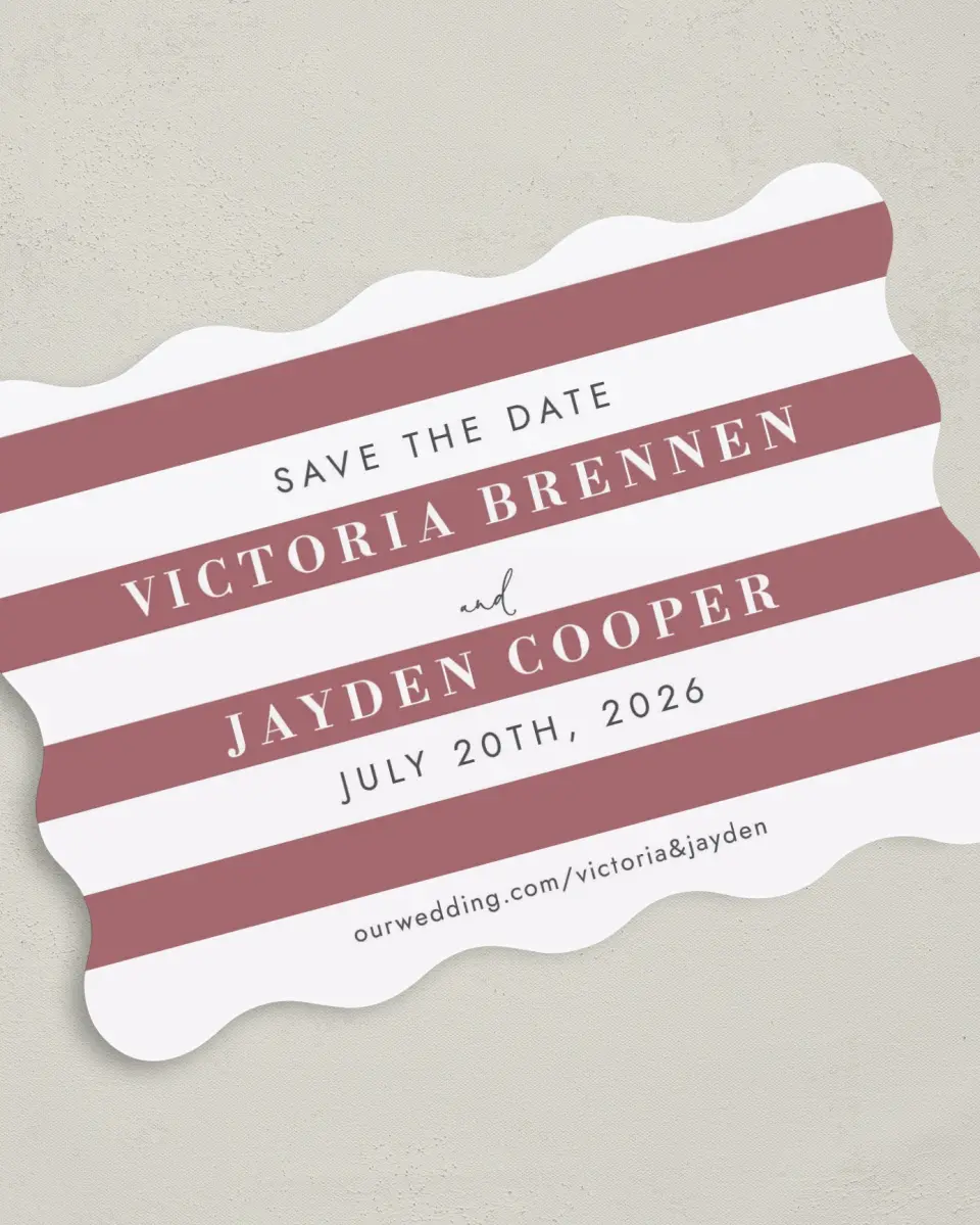 This is a 5" x 7" Save the Date Card called Striped Savvy printed in full color on Premium Smooth paper