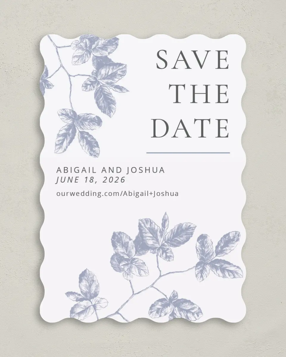 This is a 5" x 7" Save the Date Card called Leafy Elegance printed in full color on Premium Smooth paper