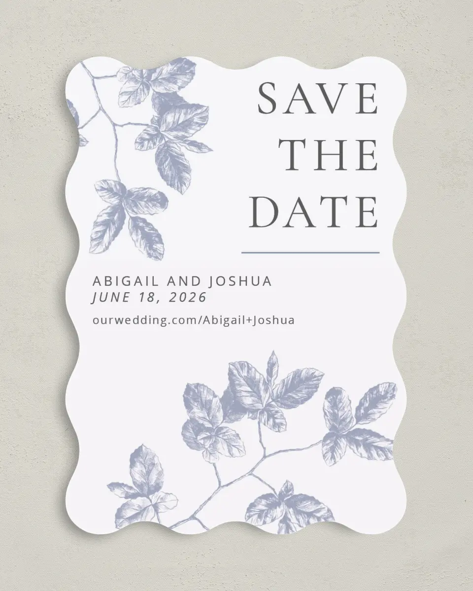 This is a 5" x 7" Save the Date Card called Leafy Elegance printed in full color on Premium Smooth paper