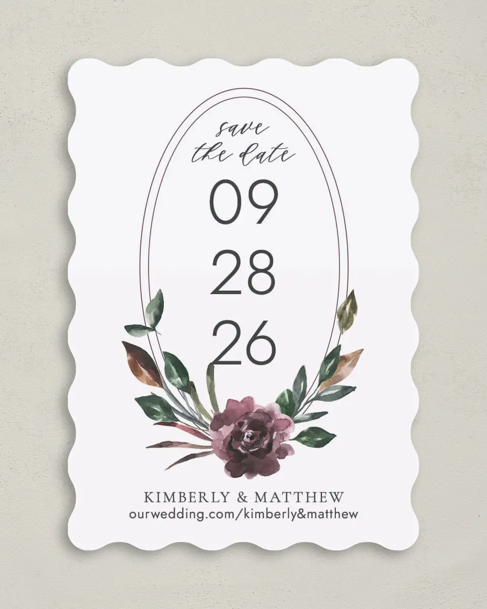 This is a 5" x 7" Save the Date Card called Hooped Allure printed in full color on Premium Smooth paper