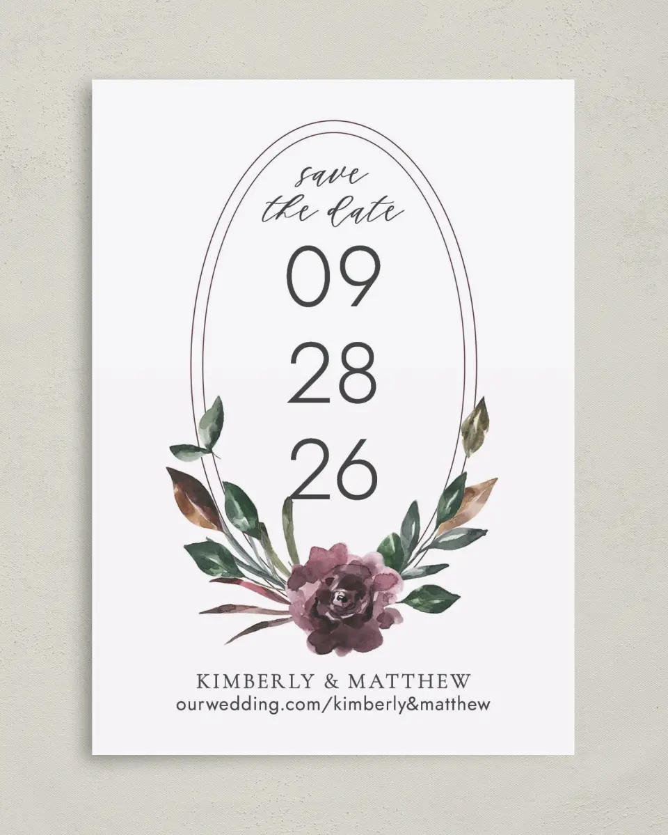 This is a 5" x 7" Save the Date Card called Hooped Allure printed in full color on Premium Smooth paper