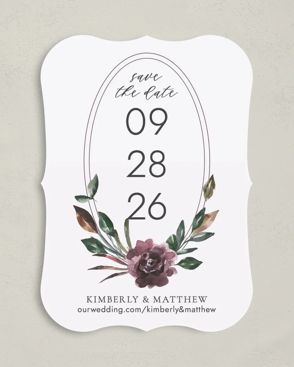This is a 5" x 7" Save the Date Card called Hooped Allure printed in full color on Premium Smooth paper