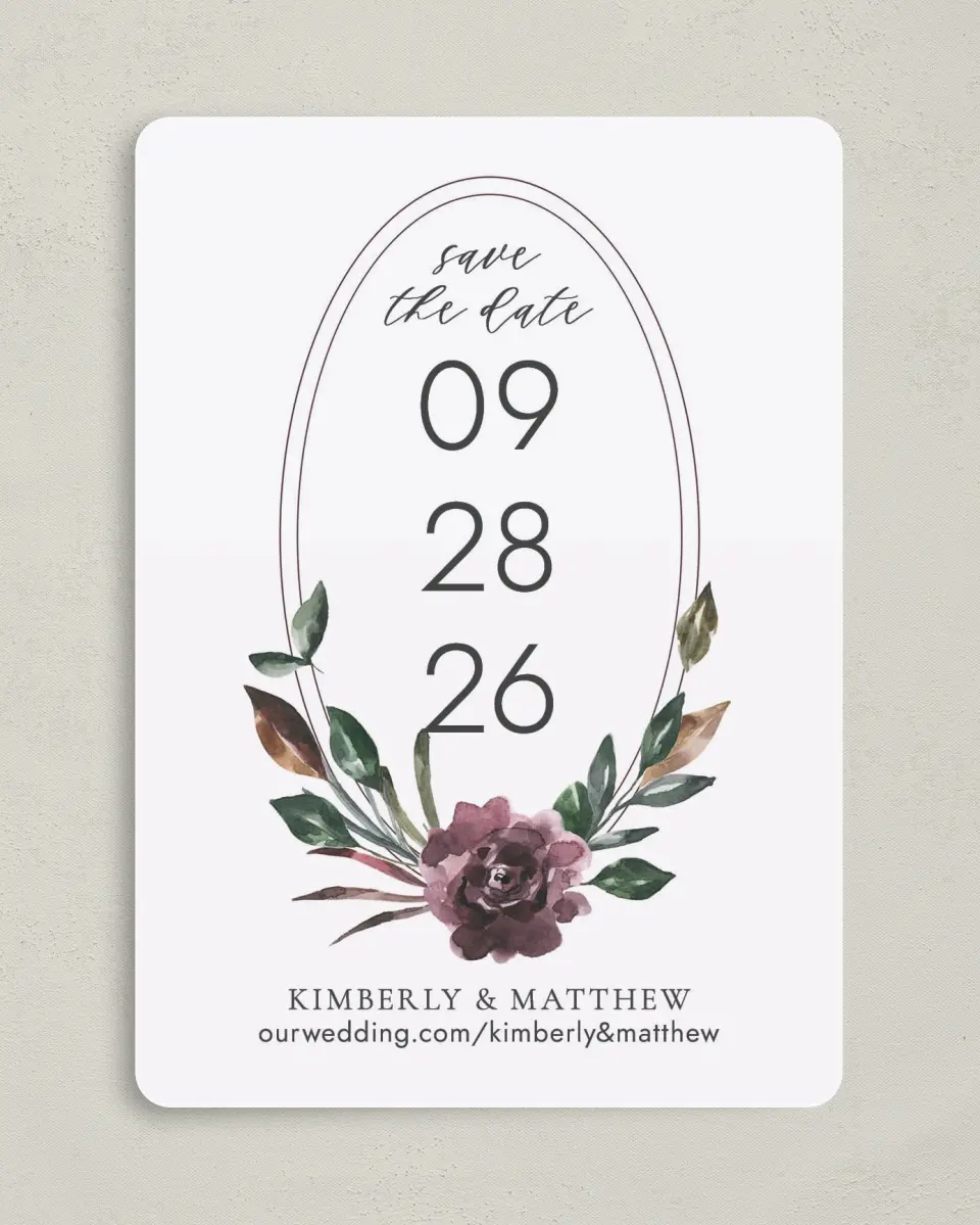 This is a 5" x 7" Save the Date Card called Hooped Allure printed in full color on Premium Smooth paper