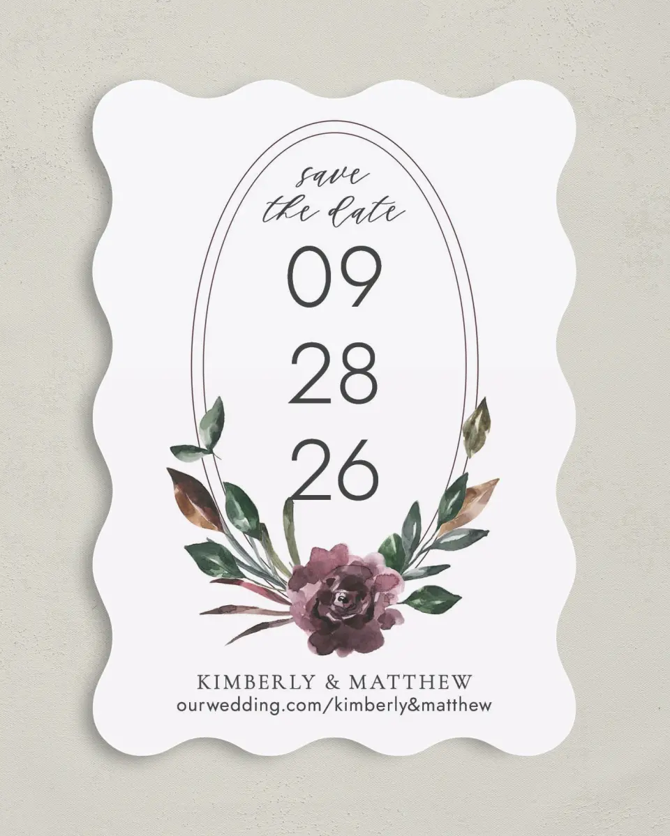 This is a 5" x 7" Save the Date Card called Hooped Allure printed in full color on Premium Smooth paper