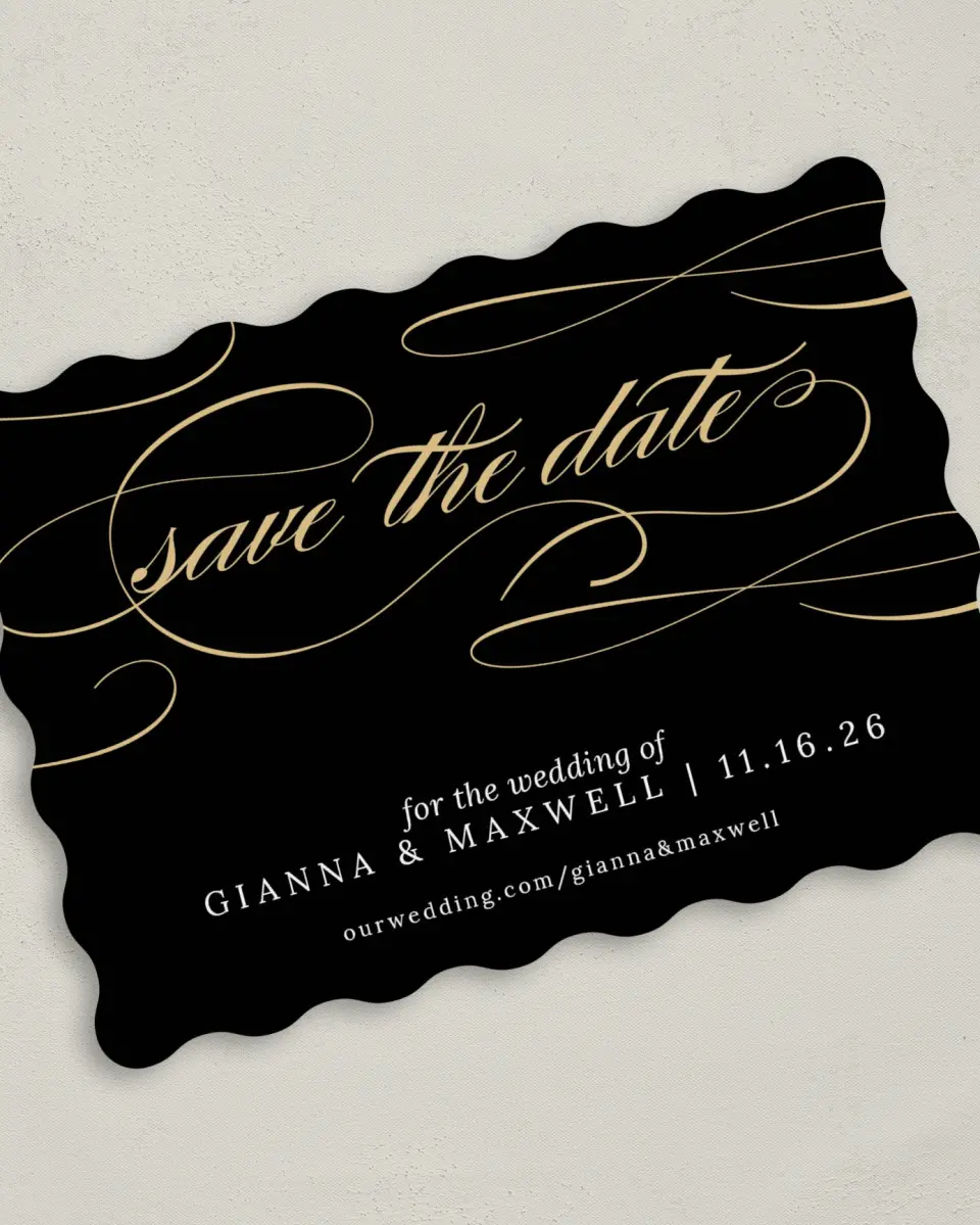 This is a 5" x 7" Save the Date Card called Fabulous Flourish printed in full color on Premium Smooth paper