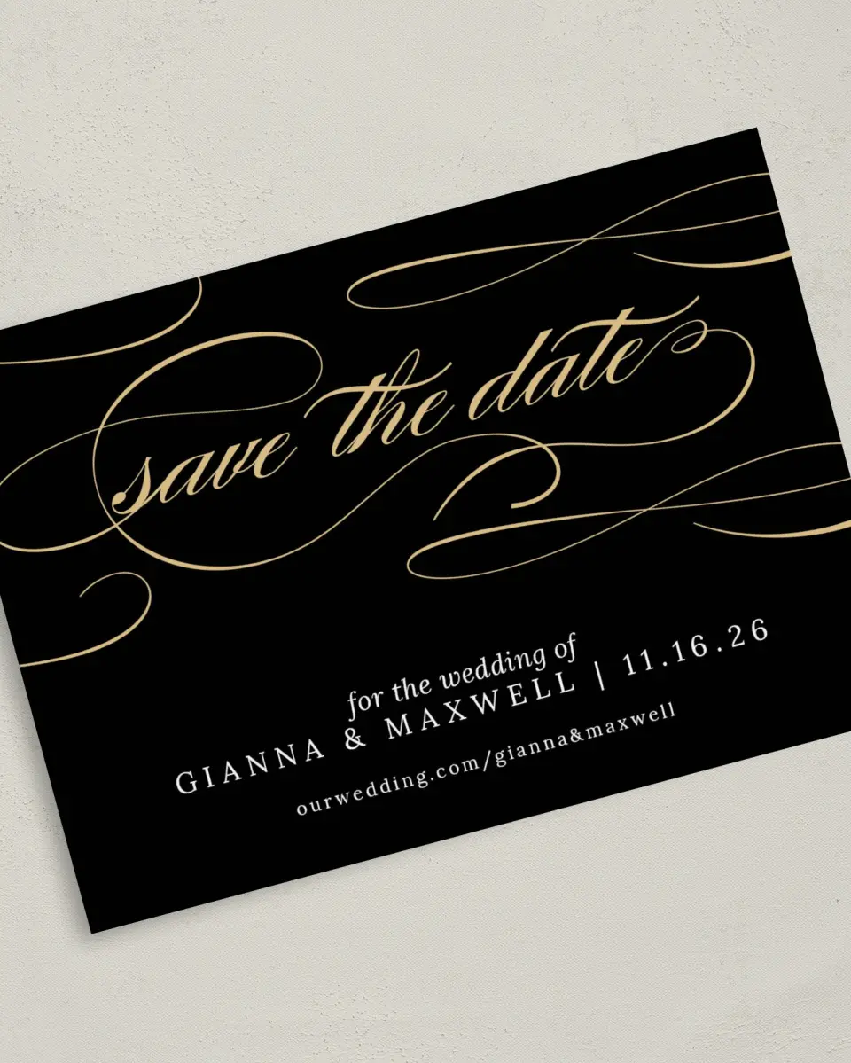 This is a 5" x 7" Save the Date Card called Fabulous Flourish printed in full color on Premium Smooth paper