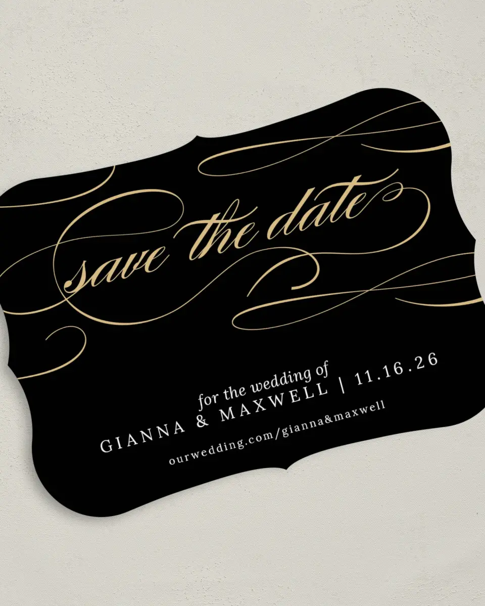 This is a 5" x 7" Save the Date Card called Fabulous Flourish printed in full color on Premium Smooth paper