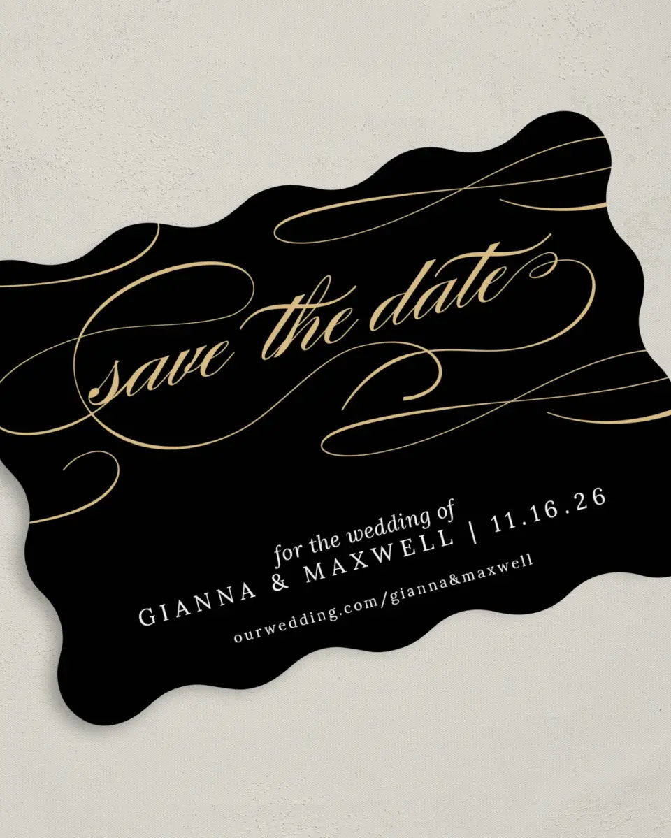 This is a 5" x 7" Save the Date Card called Fabulous Flourish printed in full color on Premium Smooth paper