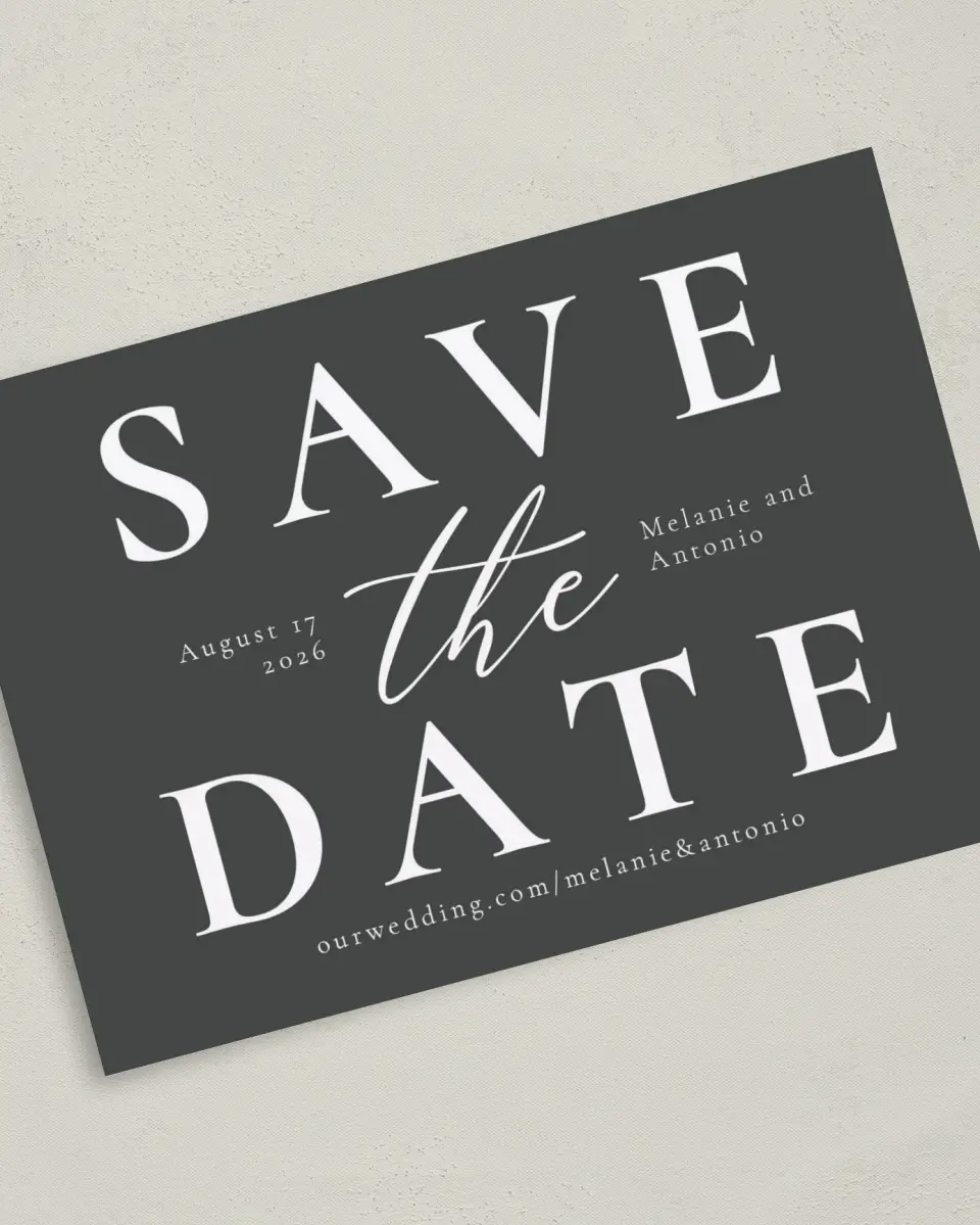This is a 5" x 7" Save the Date Card called Simply Put printed in full color on Premium Smooth paper
