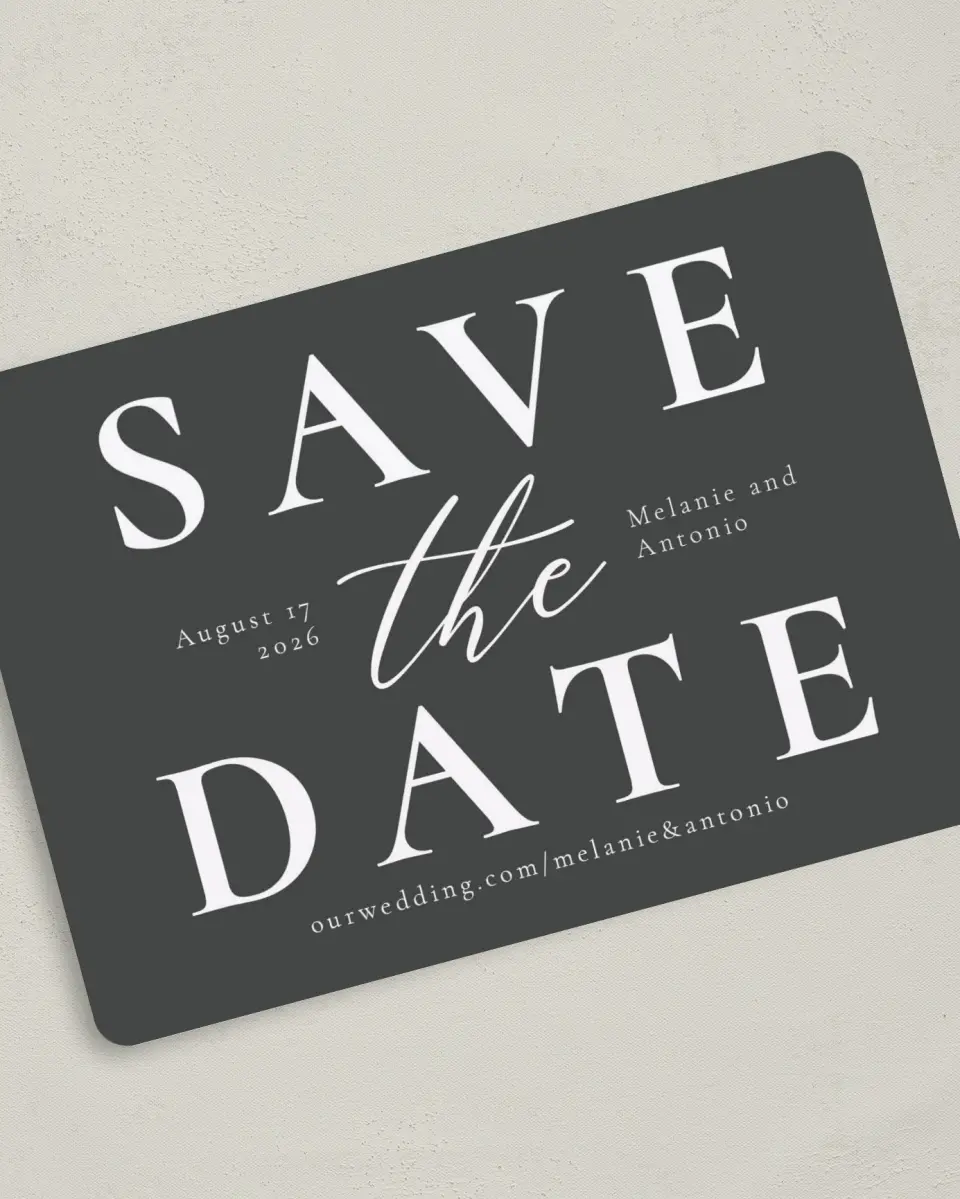 This is a 5" x 7" Save the Date Card called Simply Put printed in full color on Premium Smooth paper