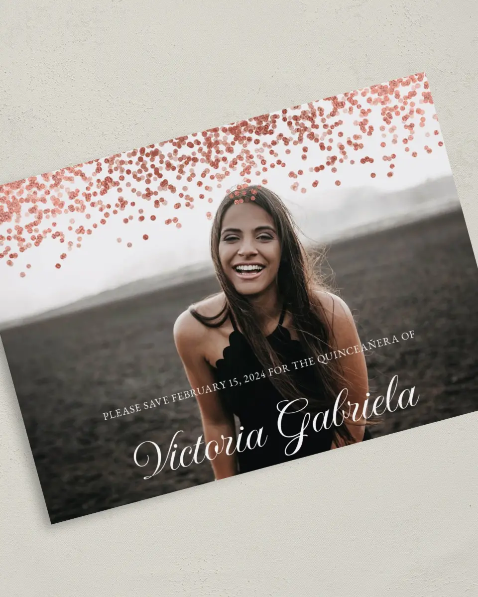 This is a 5" x 7" Quinceanera Save the Date called Bronze Beauty printed in full color on Premium Smooth paper