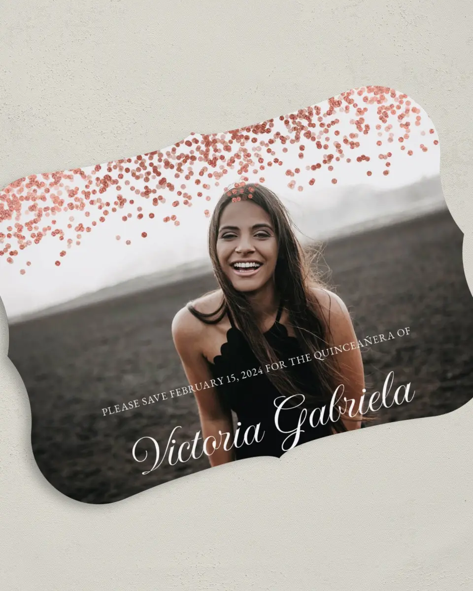 This is a 5" x 7" Quinceanera Save the Date called Bronze Beauty printed in full color on Premium Smooth paper